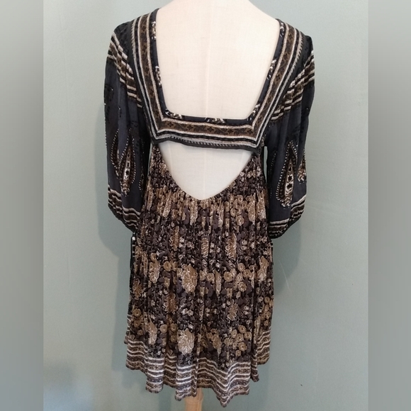 Free People Boho Tunic Black Tan Floral Peasant Top XS Square Neck Crochet Dress - Picture 3 of 16
